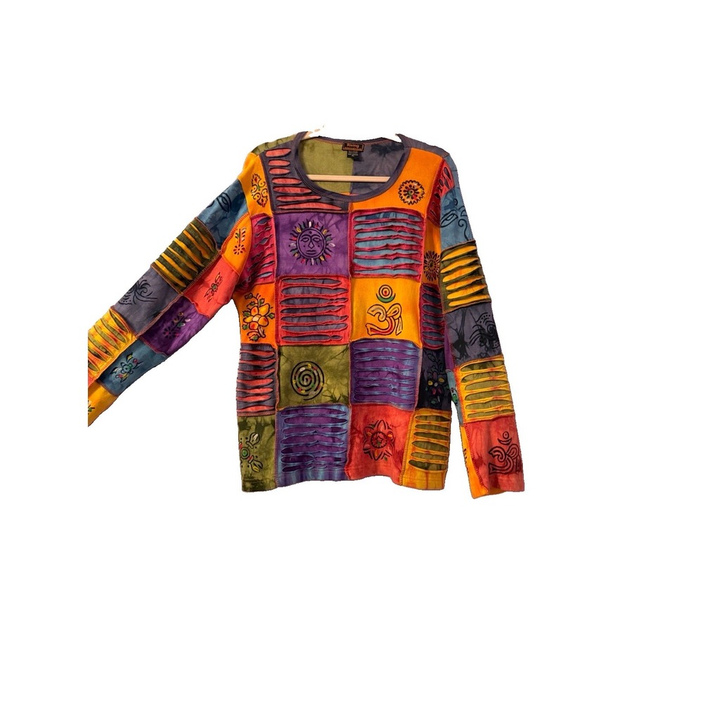 Rising Groovy Patchwork Top XL Cotton T-Shirt Sun Batik Tunic Hippie Boho Artsy